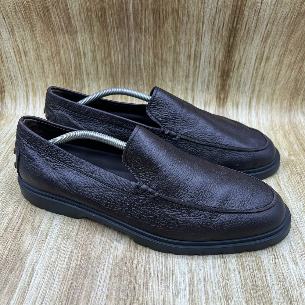 Tod's Slipper Loafers Men's Size 11 Brown Pebbled Leather Gommino Sole Shoes